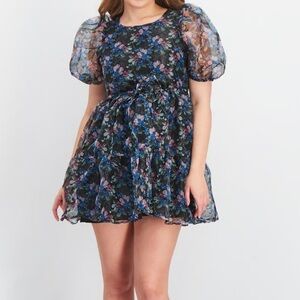 Forever 21 Floral Print Mini Dress with Sheer Puff Sleeve/Sheer Overlay Size L